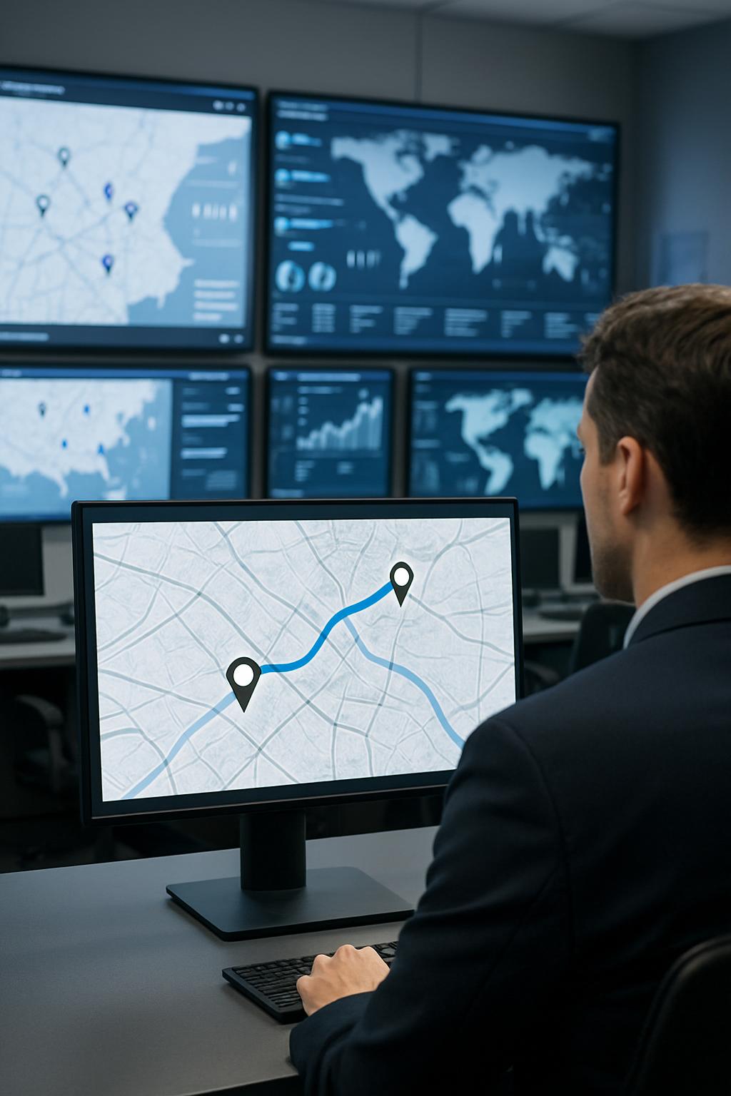 Person in business suit, seated at a computer with a map on it, looking at it closely.