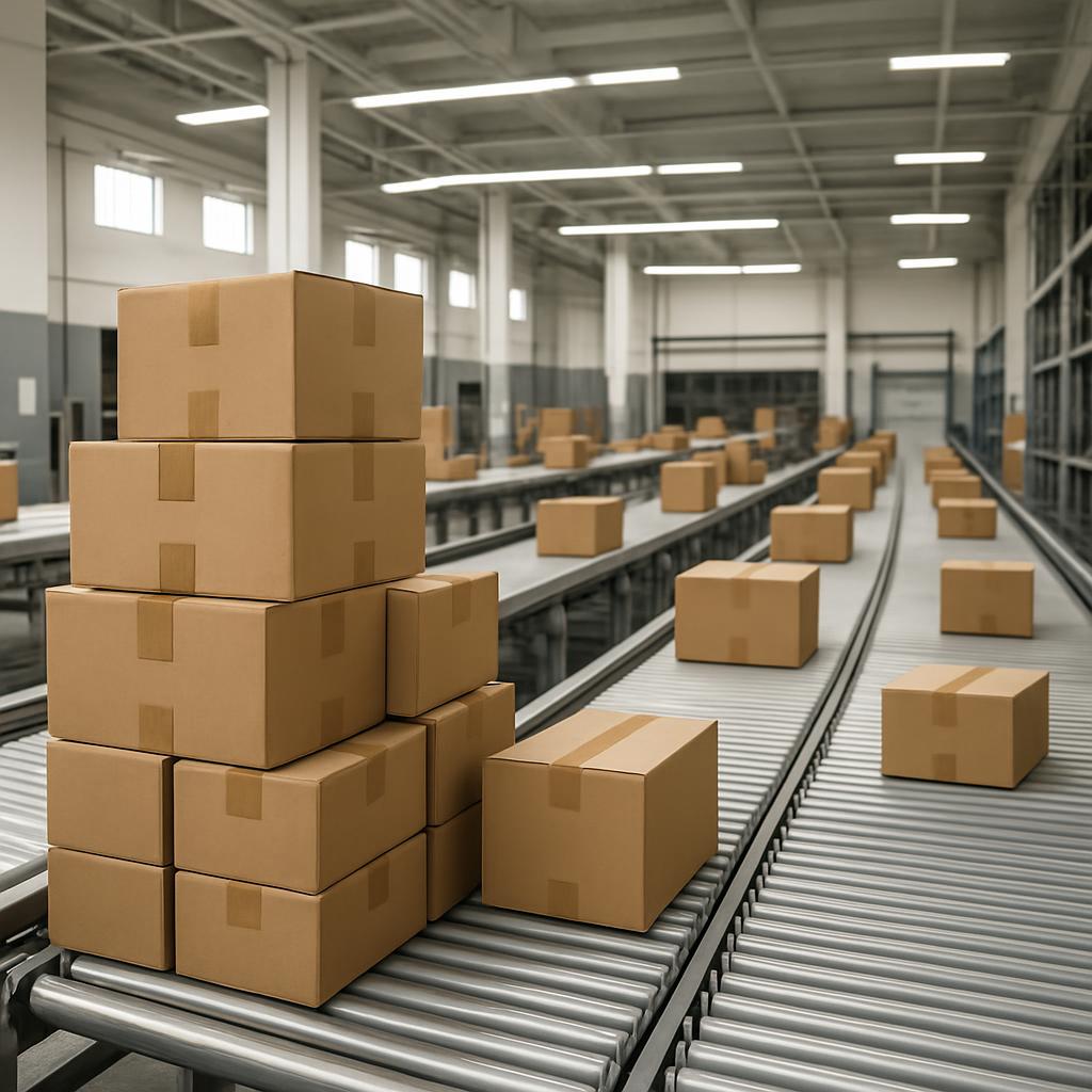 Large industrial warehouse filled with cardboard boxes on a long conveyor belt system, conveying order fulfillment potenti...