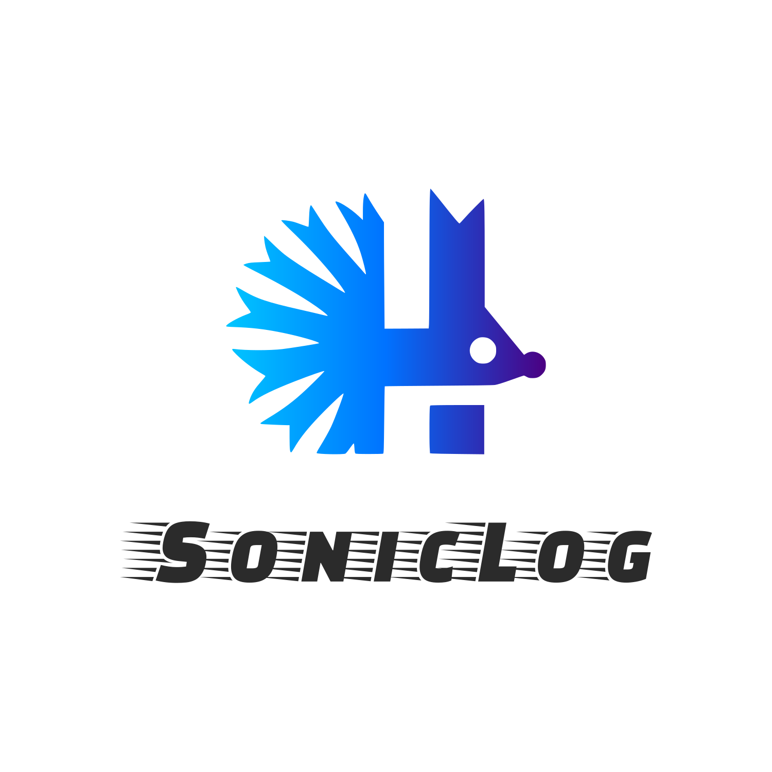Soniclog logo featuring a stylized blue and purple sonic hedgehog mascot with a gradient color scheme, against a white bac...